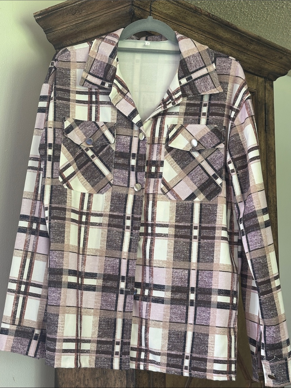 Retro Plaid Button-Front Shirt Jacket in Pink and Brown